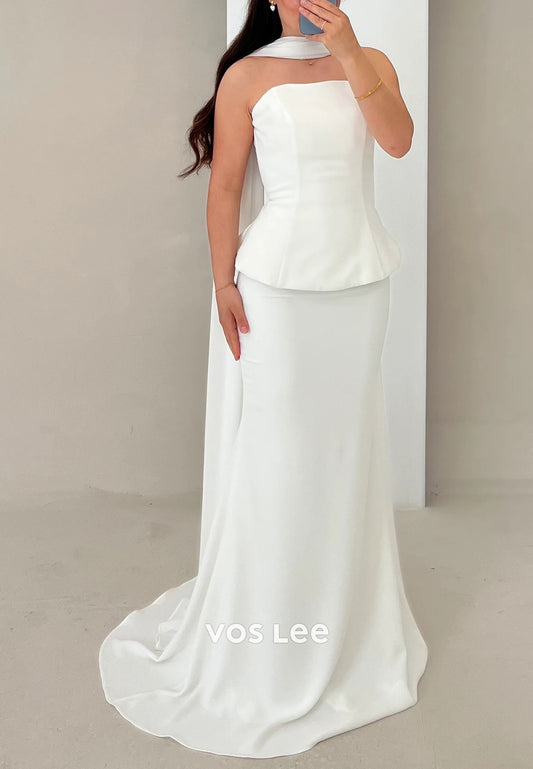 Simple & Classic Two Pieces Strapless Pleated Mermaid Evening Dresses with Sweep Train