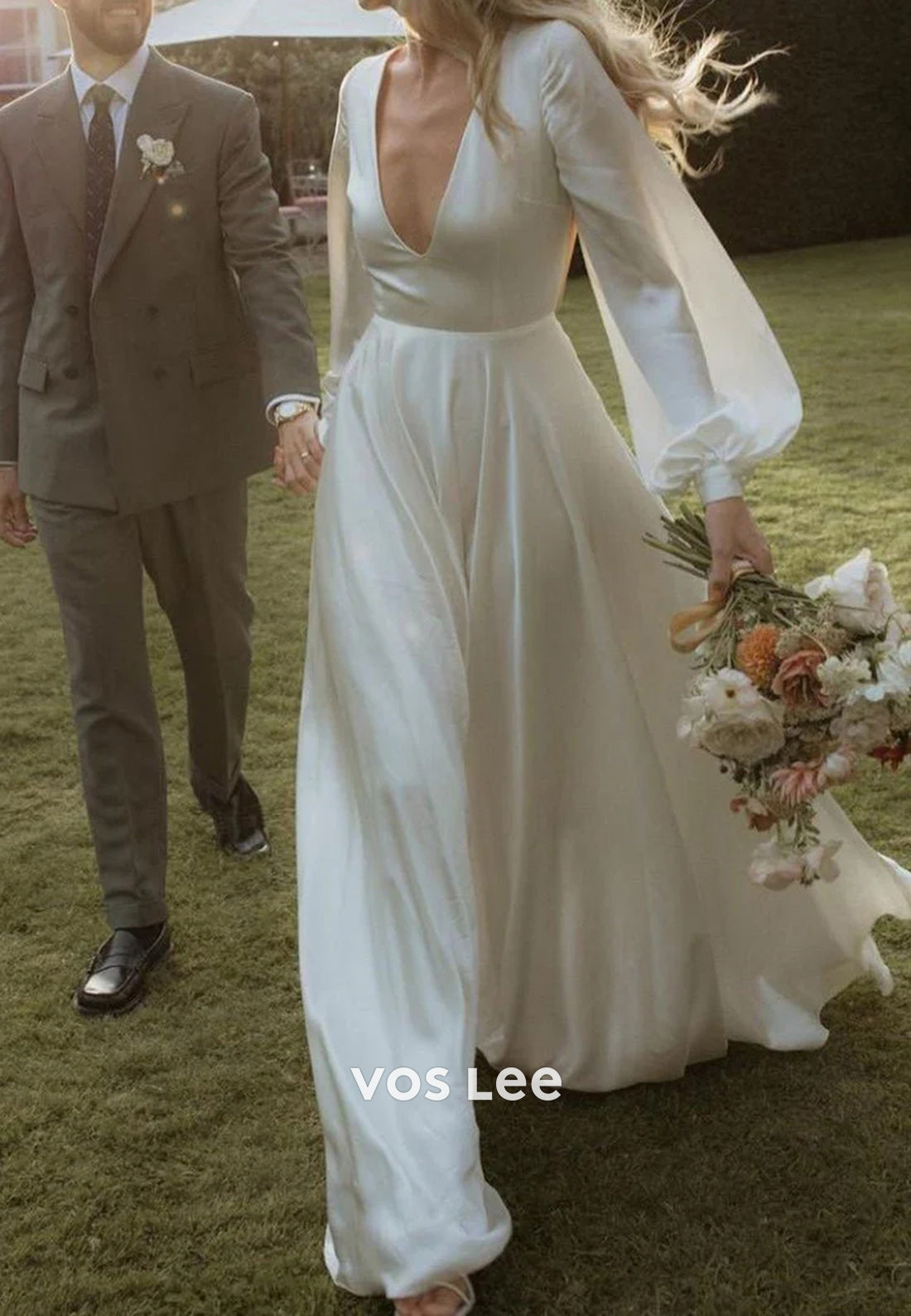 Couture Long Sleeve V Neck Backless Pleated Sheath Wedding Dresses with Sweep Train