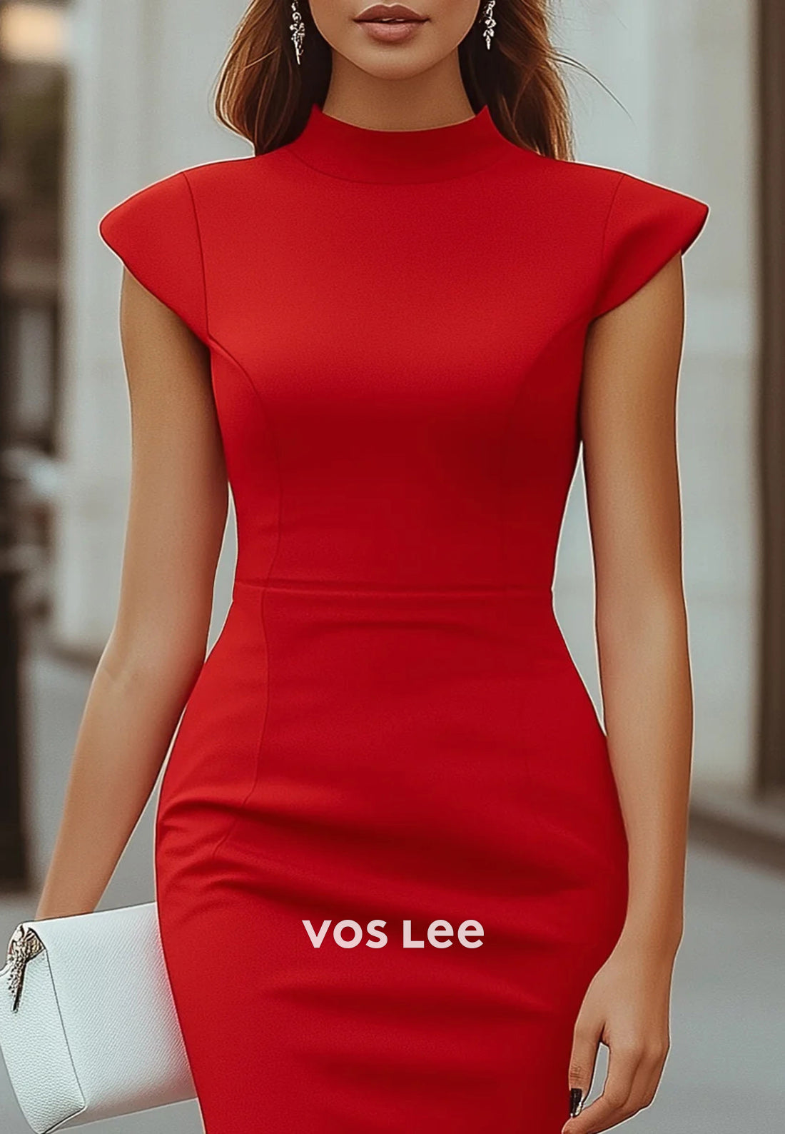 Red High Neck Tea-Length Pleated Mermaid Wedding Guest Dresses Party Dresses