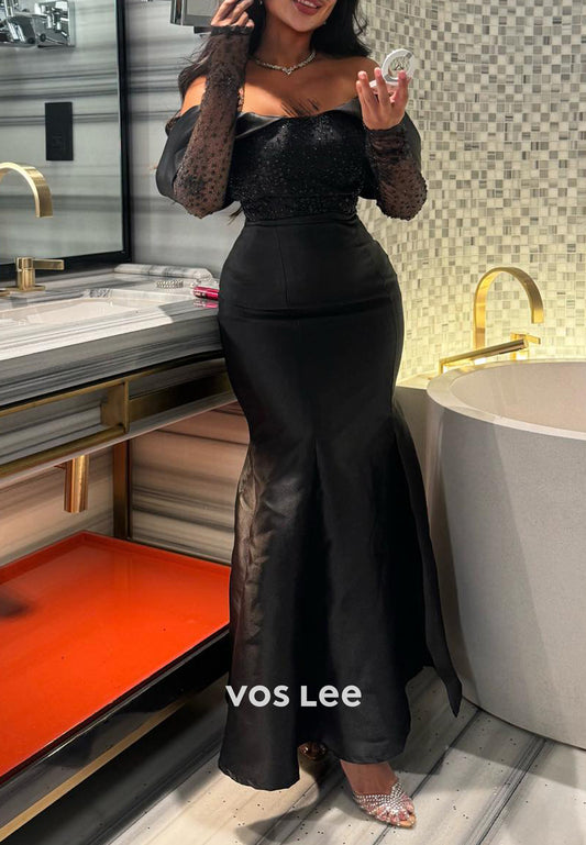 Long Sleeve Off the Shoulder Floor-Length Pleated Mermaid Evening Dresses