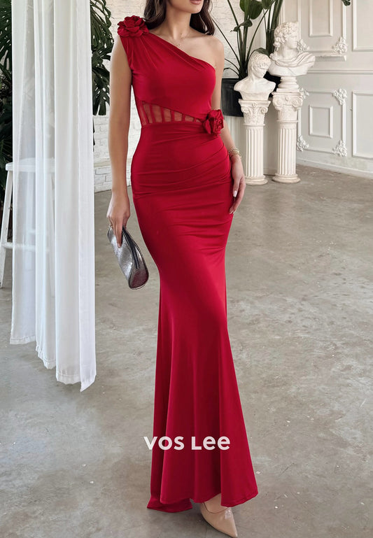 One Shoulder Floral Embossed Floor-Length Pleated Mermaid Evening Dresses