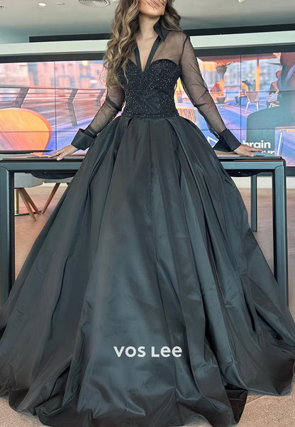 Classic & Simple A-Line Long Sleeve Illusion Neck Pleated Evening Dresses with Court Train