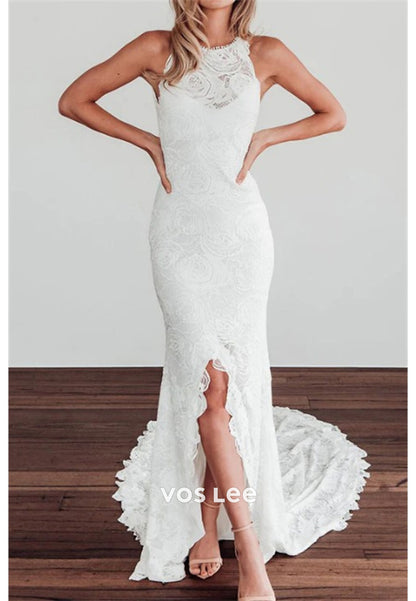 Classic Halter Appliques Lace Split Pleated Mermaid Wedding Dresses with Sweep Train