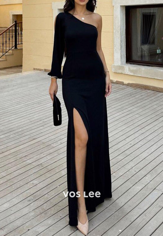 Black Long Sleeve One Shoulder Pleated Mermaid Evening Dresses with High Split