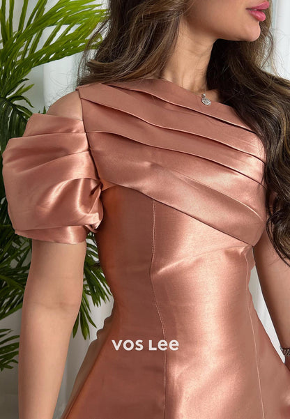 Short Sleeve Asymmetrical Neck Ankle-Length Pleated Evening Dresses