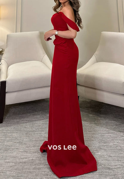 Gorgeous & Charming Off the Shoulder Pleated Sheath Evening Dresses with Sweep Train