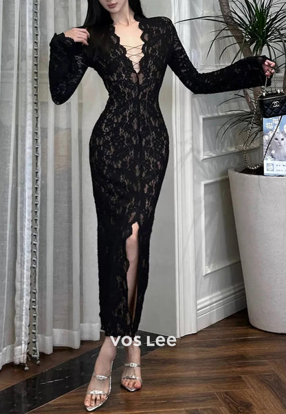 Long Sleeve V Neck Appliques Lace Ankle-Length Sheath Evening Dresses with High Split