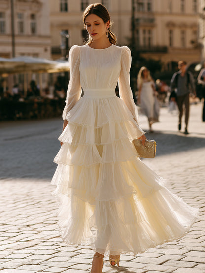 Tiered Ruffle Long Sleeve Pleated Maxi Dress