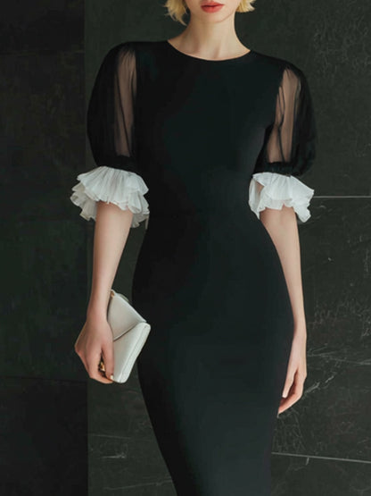Black Midi Dress With Sheer Puff Sleeves And Pleated Trim