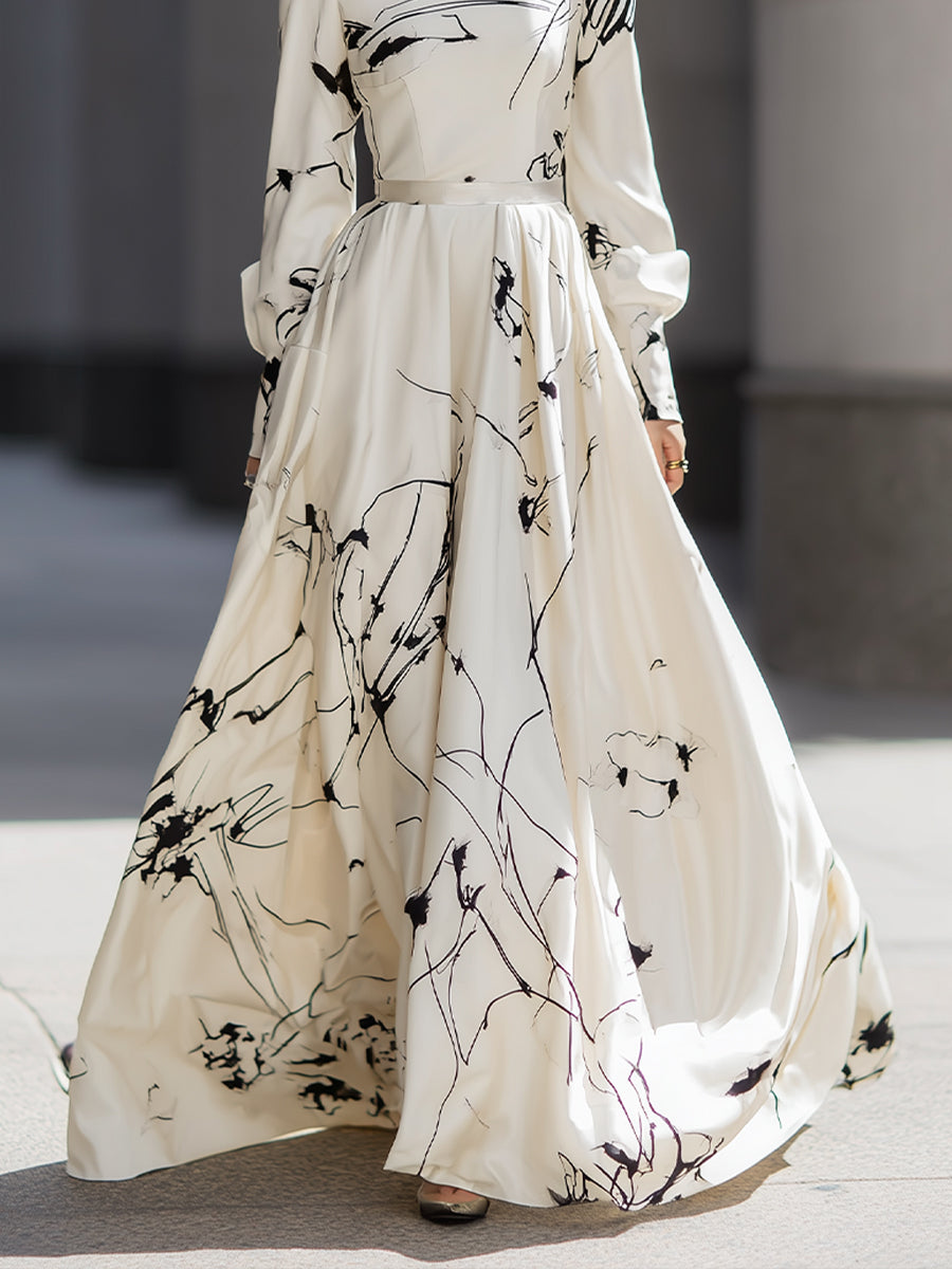 Ivory Maxi Dress With Abstract Black Print