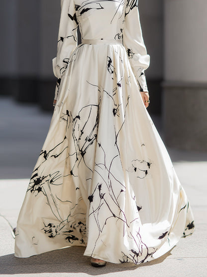Ivory Maxi Dress With Abstract Black Print