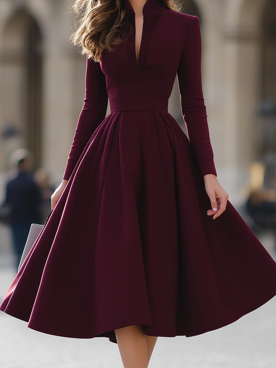 Burgundy V-Neck Full-Skirt Midi Dress