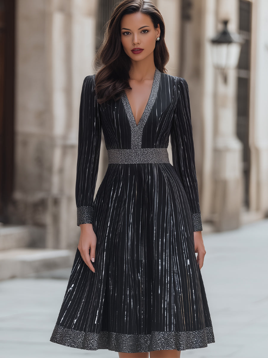 Elegant A-Line Metallic-Striped Midi Dress