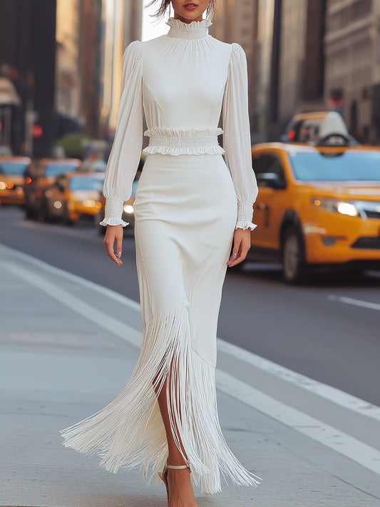 White High-Neck Fringe Maxi Dress