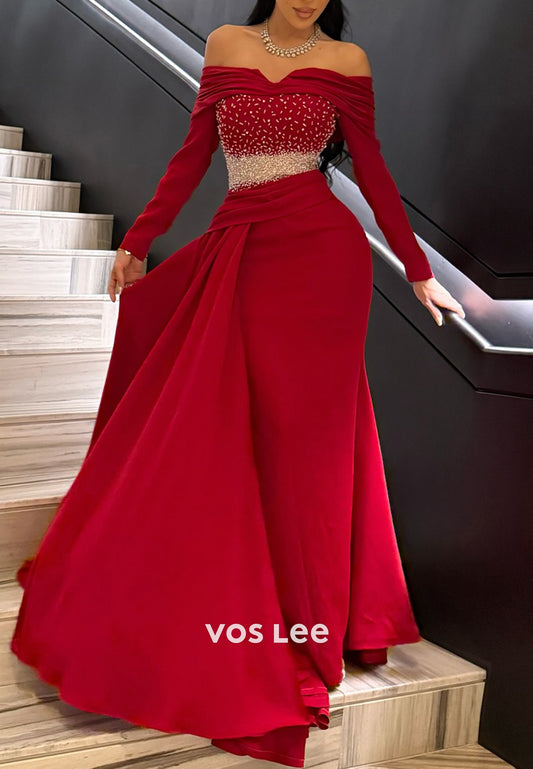 Long Sleeve Off the Shoulder Beaded Pleated Mermaid Evening Dresses with Sweep Train