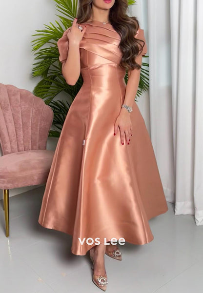 Short Sleeve Asymmetrical Neck Ankle-Length Pleated Evening Dresses