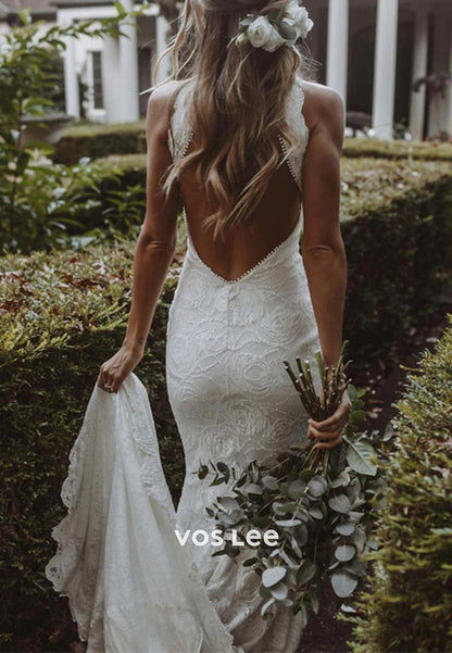 Classic Halter Appliques Lace Split Pleated Mermaid Wedding Dresses with Sweep Train