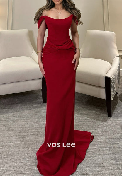 Gorgeous & Charming Off the Shoulder Pleated Sheath Evening Dresses with Sweep Train
