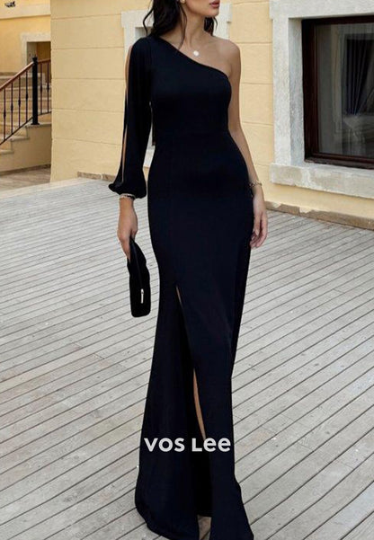 Black Long Sleeve One Shoulder Pleated Mermaid Evening Dresses with High Split