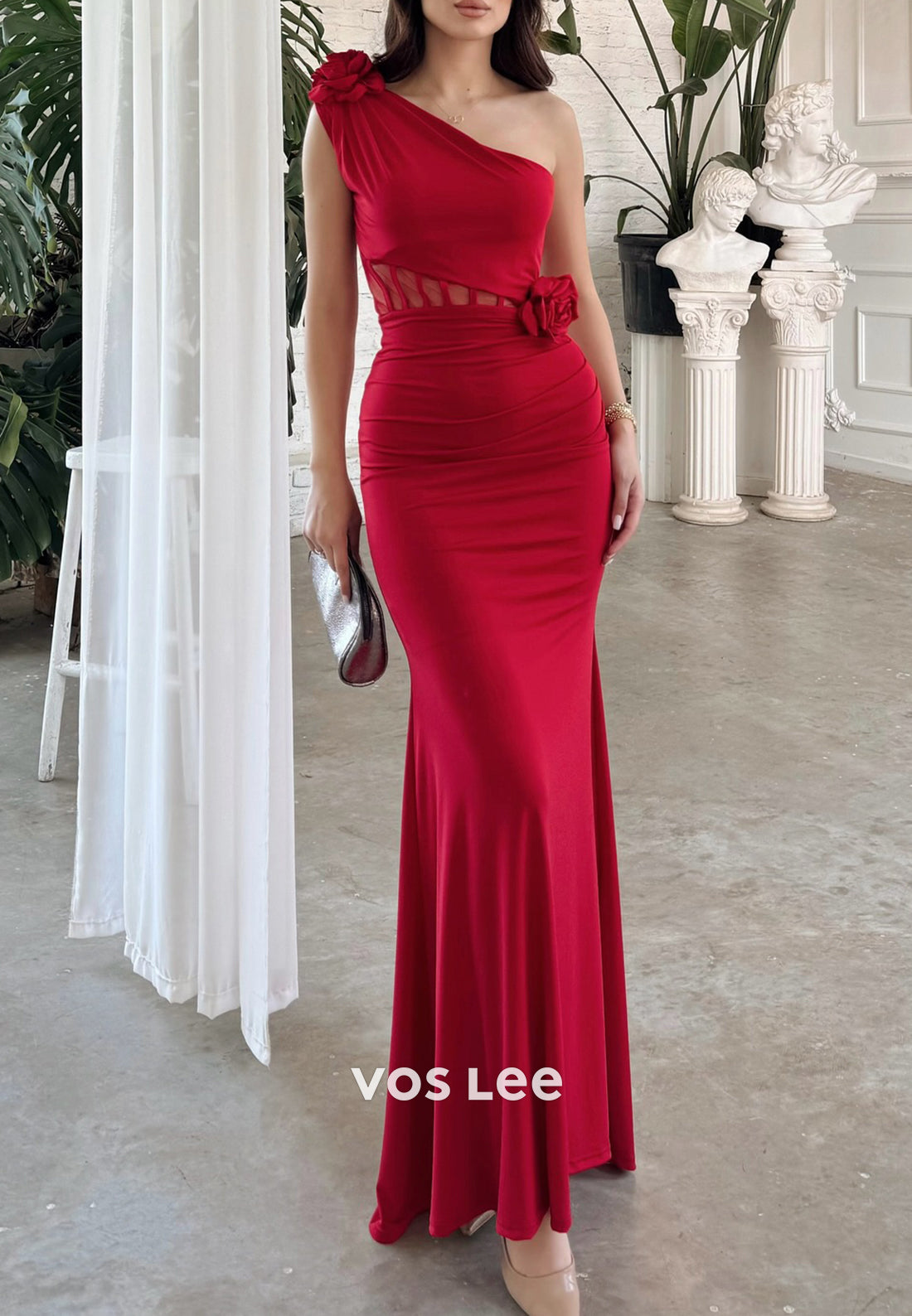 One Shoulder Floral Embossed Floor-Length Pleated Mermaid Evening Dresses