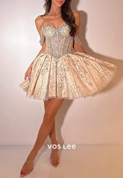 A-Line Off the Shoulder Sequins Rhinestone Embellished Pleated Homecoming Dresses