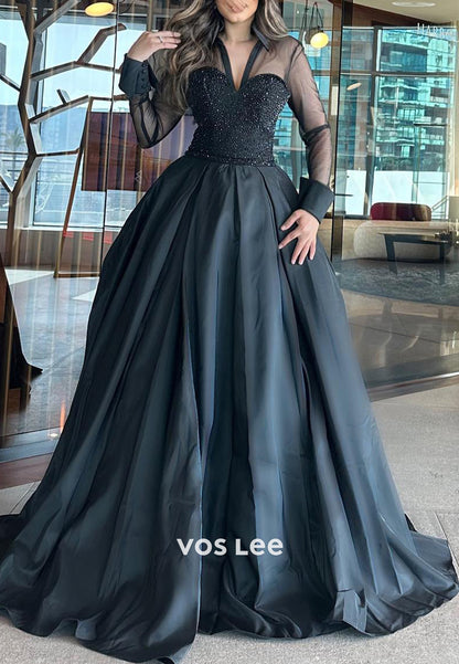 Classic & Simple A-Line Long Sleeve Illusion Neck Pleated Evening Dresses with Court Train