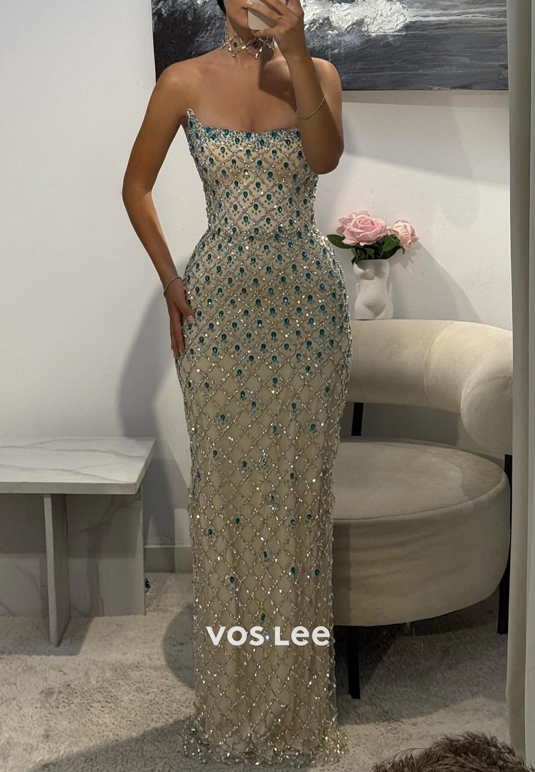 Scoop Strapless Rhinestone Embellished Floor-Length Mermaid Prom Dresses