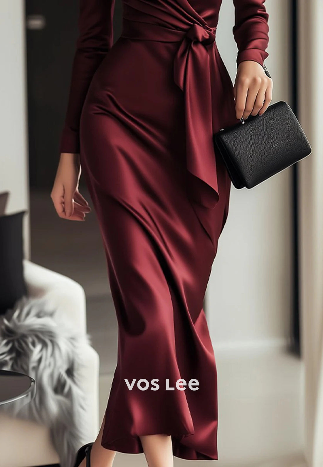 Long Sleeve V Neck Ankle-Length Pleated Sheath Wedding Guest Dresses Party Dresses