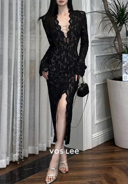 Long Sleeve V Neck Appliques Lace Ankle-Length Sheath Evening Dresses with High Split