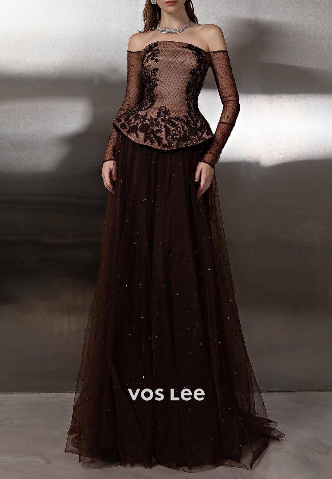 Tube Top Long Sleeve Appliques A-Line Tulle Floor-Length Prom Dresses