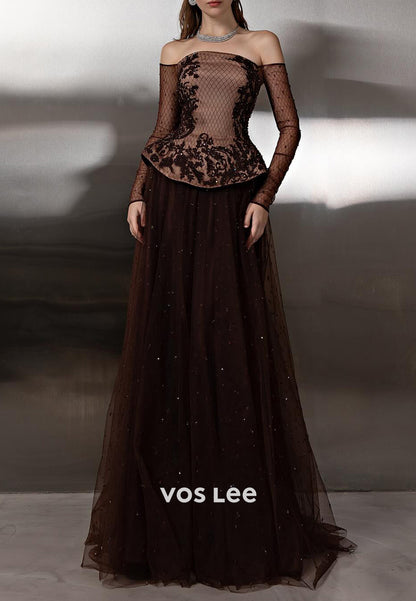 Tube Top Long Sleeve Appliques A-Line Tulle Floor-Length Prom Dresses