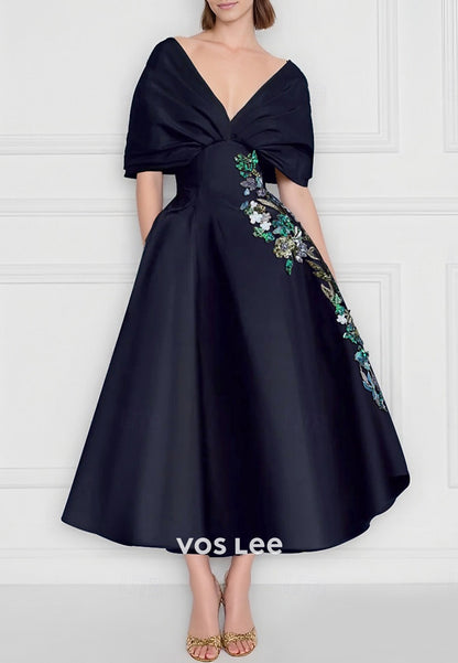 A-Line Cap Sleeves Plunging V-Neck Appliques Ankle-Length Evening Dresses