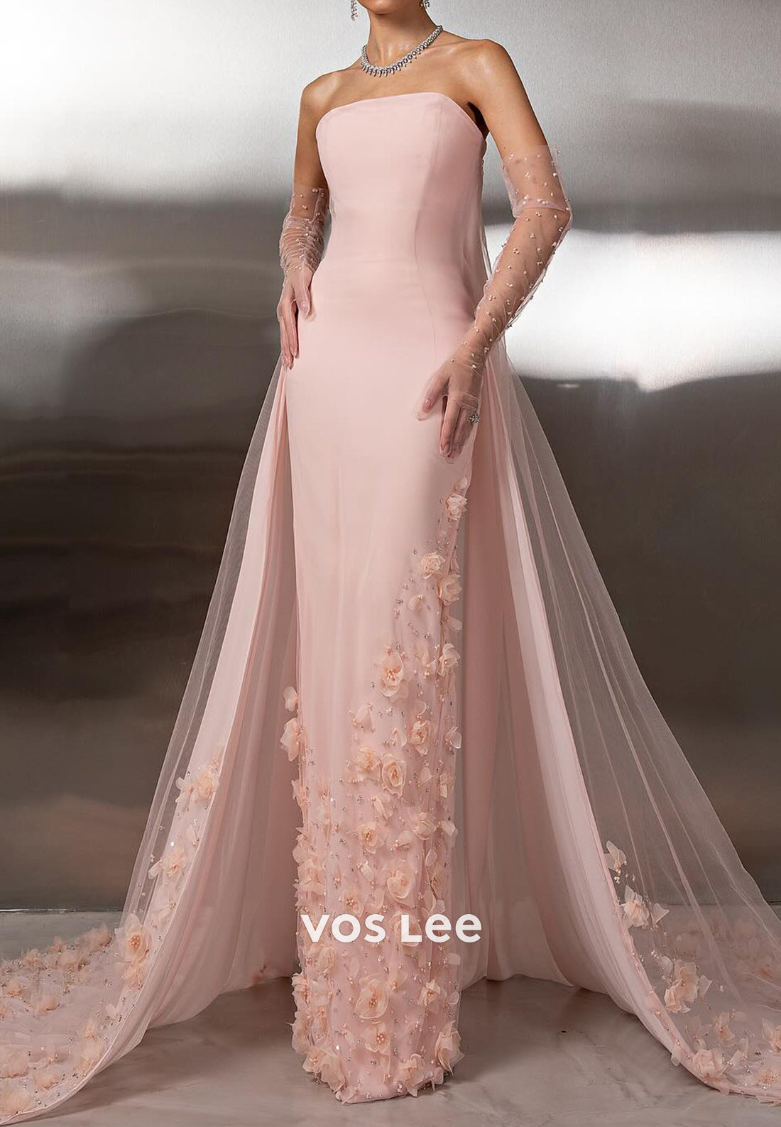 Tube Top Floral Embellished Pleated Mermaid Prom Dresses with Court Train