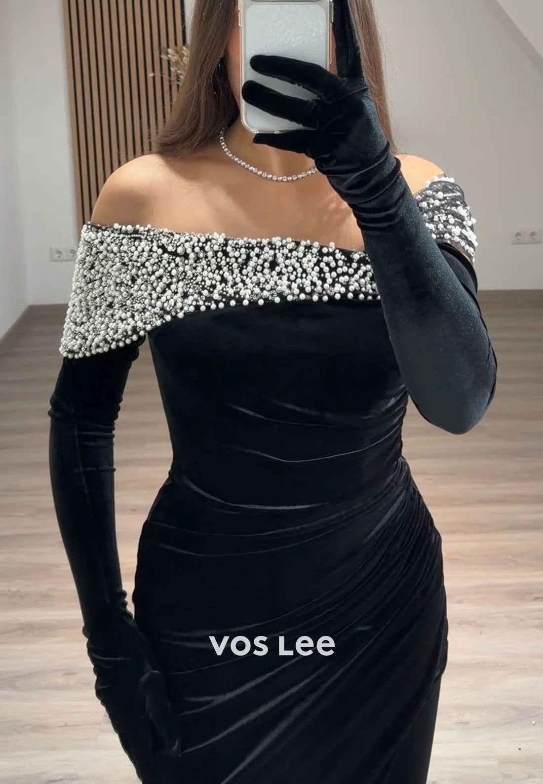 Off the Shoulder Pearls Bead Long Sleeve Evening Gowns