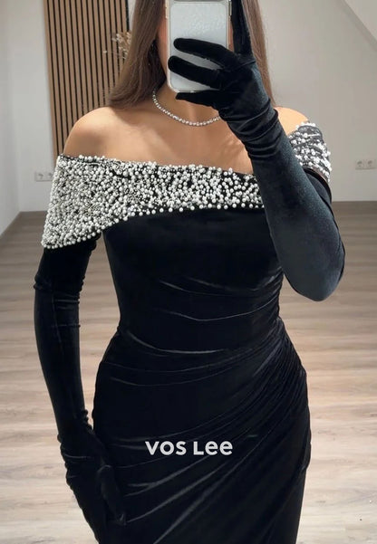 Off the Shoulder Pearls Bead Long Sleeve Evening Gowns