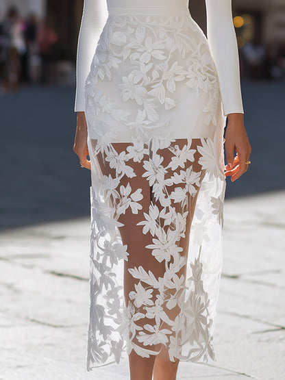 Elegant Stretch Dress With 3D Floral Embroidered Mesh Overskirt