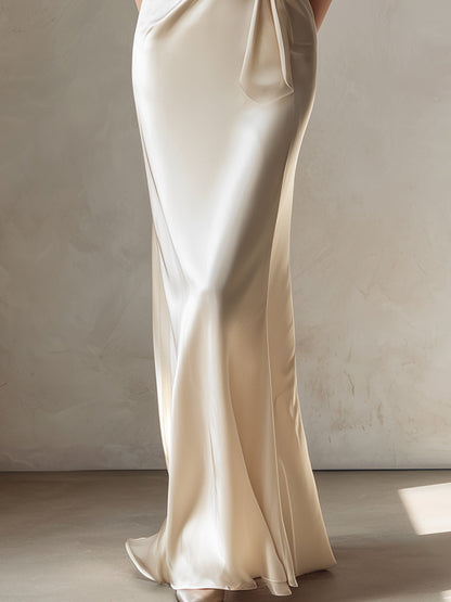 Ivory Draped Satin Column Dress With Sculpted Waist Detail