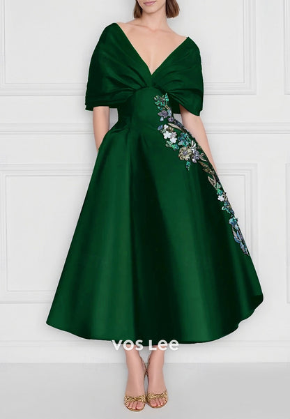 A-Line Cap Sleeves Plunging V-Neck Appliques Ankle-Length Evening Dresses