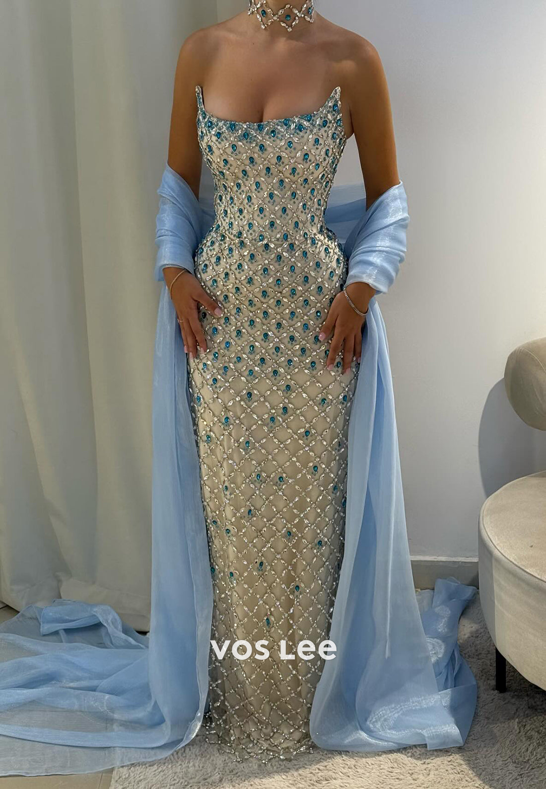 Scoop Strapless Rhinestone Embellished Floor-Length Mermaid Prom Dresses