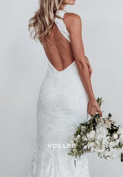 Classic Halter Appliques Lace Split Pleated Mermaid Wedding Dresses with Sweep Train