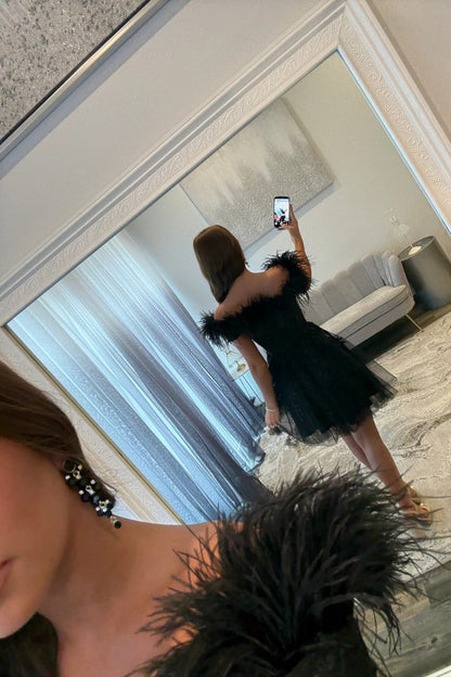 Elegant A Line Off the Shoulder Black Short Homecoming Dress with Feather