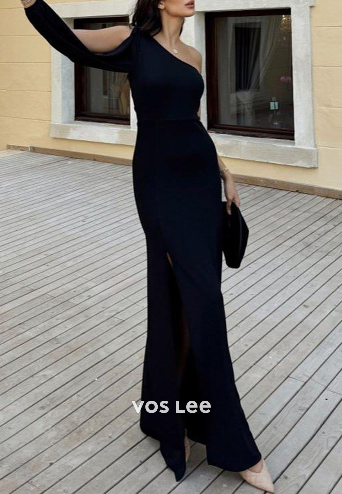 Black Long Sleeve One Shoulder Pleated Mermaid Evening Dresses with High Split
