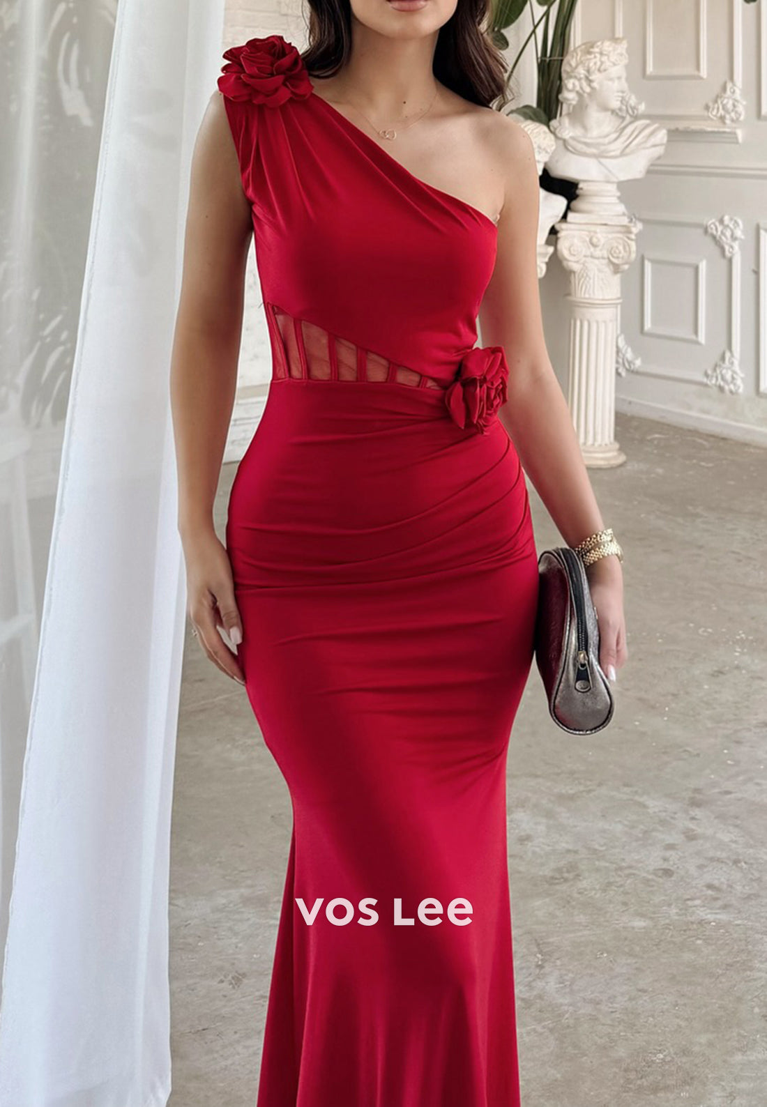 One Shoulder Floral Embossed Floor-Length Pleated Mermaid Evening Dresses