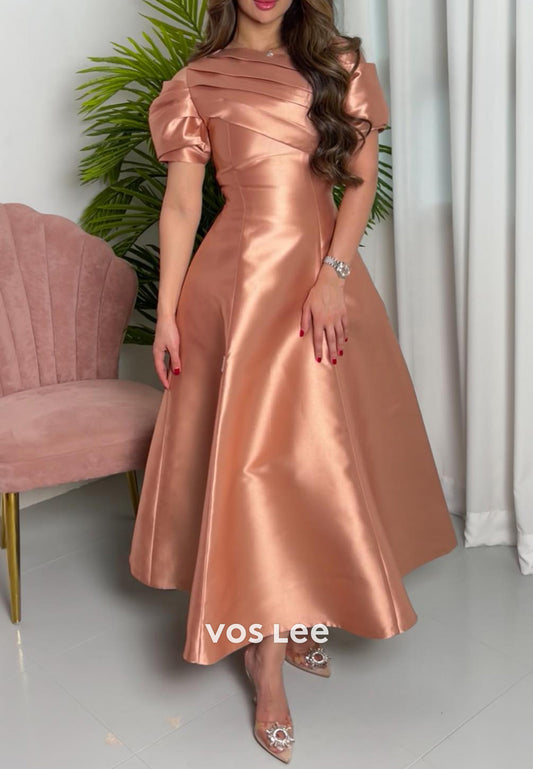 Short Sleeve Asymmetrical Neck Ankle-Length Pleated Evening Dresses