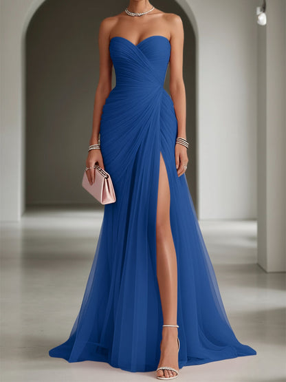 Pink Ruched Slit Tulle Strapless Sleeveless Sheath Gown Dress