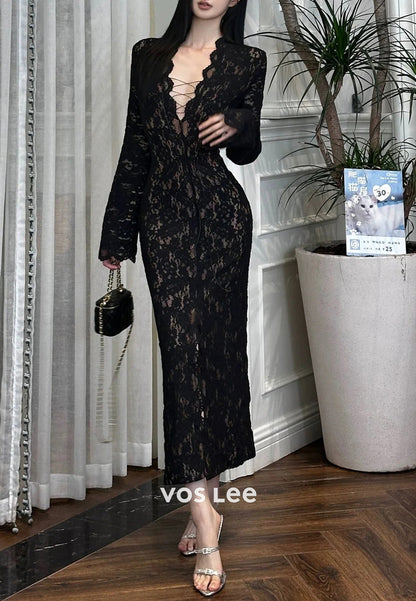 Long Sleeve V Neck Appliques Lace Ankle-Length Sheath Evening Dresses with High Split