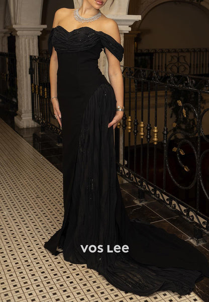 A-Line Off the Shoulder Sequins Pleated Floor-Length Evening Dresses