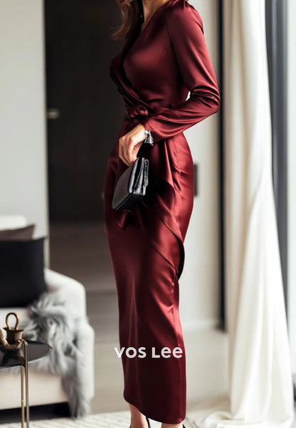 Long Sleeve V Neck Ankle-Length Pleated Sheath Wedding Guest Dresses Party Dresses