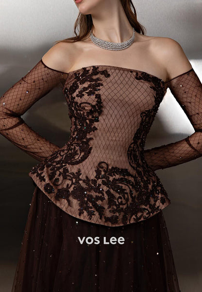 Tube Top Long Sleeve Appliques A-Line Tulle Floor-Length Prom Dresses