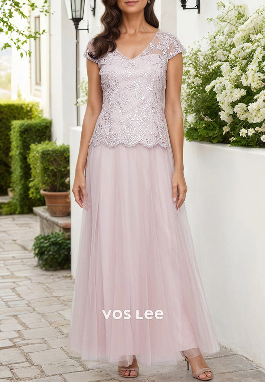 A-Line Cap Sleeves Appliques Lace Pleated Ankle-Length Mother of Bride Dresses